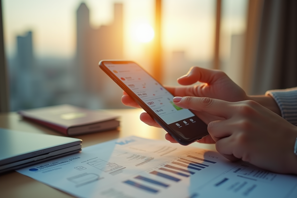 Mains tenant un smartphone avec une application de transfert d
