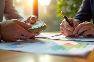 Deux mains sur une table en bois clair avec argent et graphiques boursiers