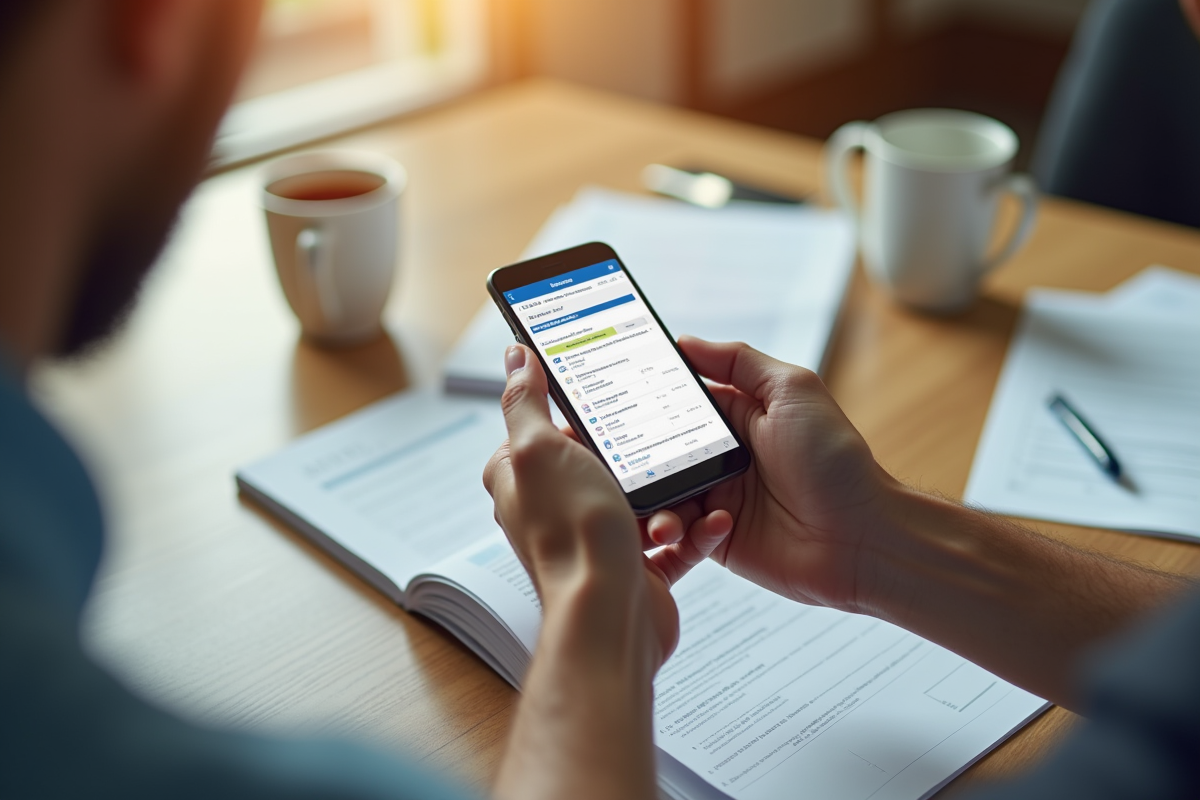 Mains tenant un smartphone affichant un portail fiscal en journée
