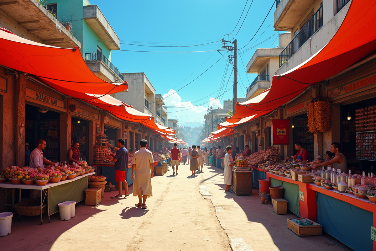 Marché animé avec vendeurs et produits colorés en plein air