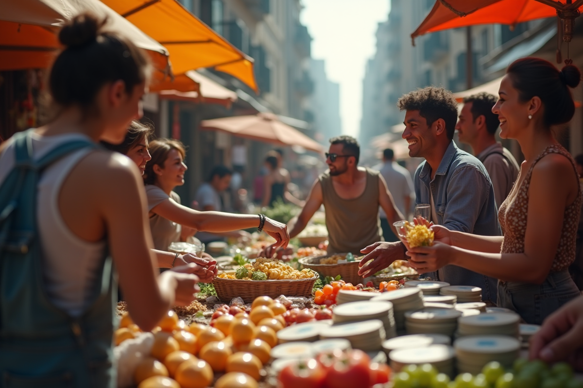Marché animé en ville avec échanges et billets visibles