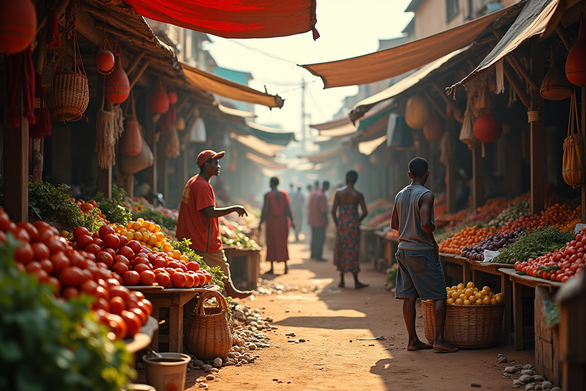 Marché en plein air coloré dans un pays en développement