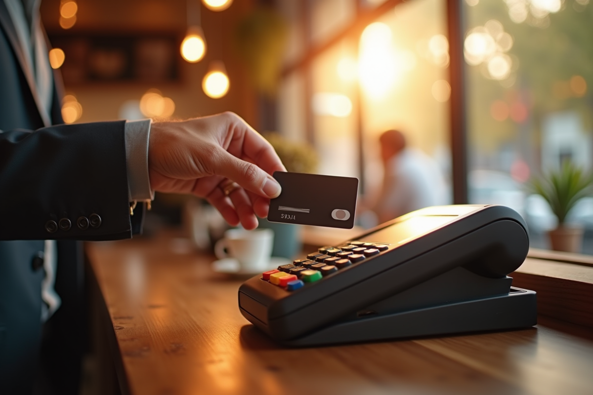 Main d’un professionnel tenant une carte noire au paiement dans un café