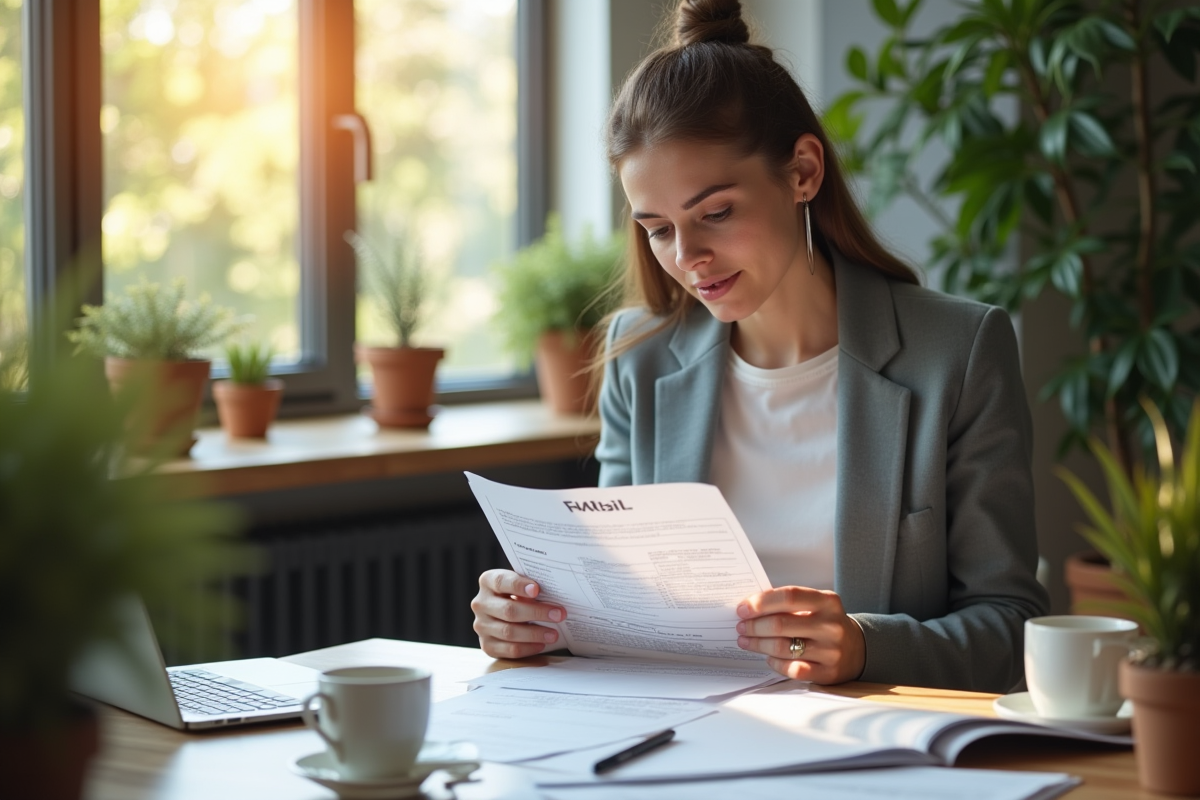 Personne examinant un document fiscal dans une cuisine lumineuse