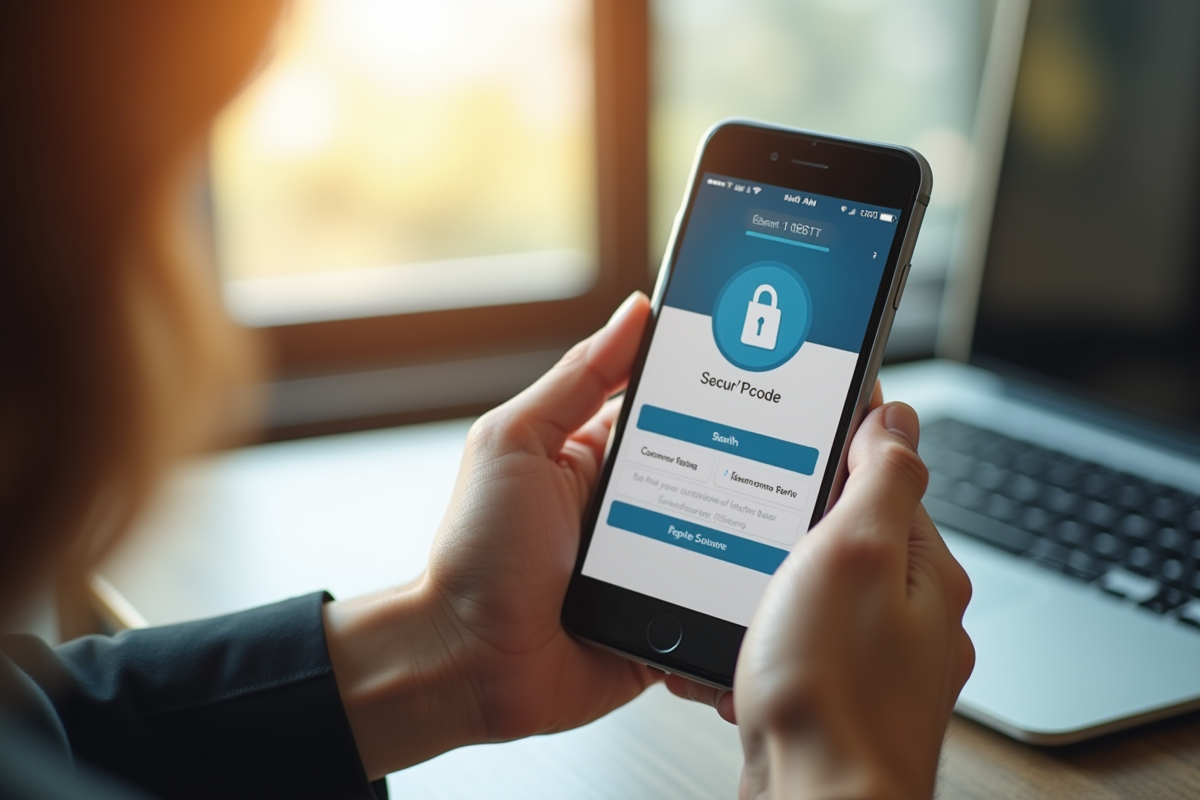 Personne tenant un smartphone avec l'application bancaire securpcode