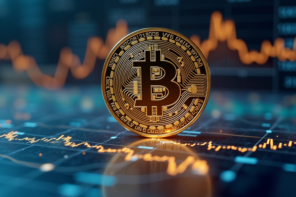 Pièce d'or Bitcoin brillante sur graphiques numériques futuristes