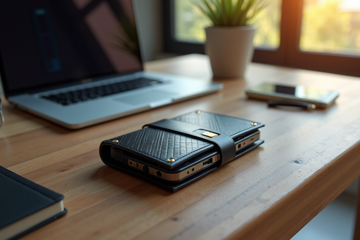 Portefeuille hardware crypto sur bureau moderne
