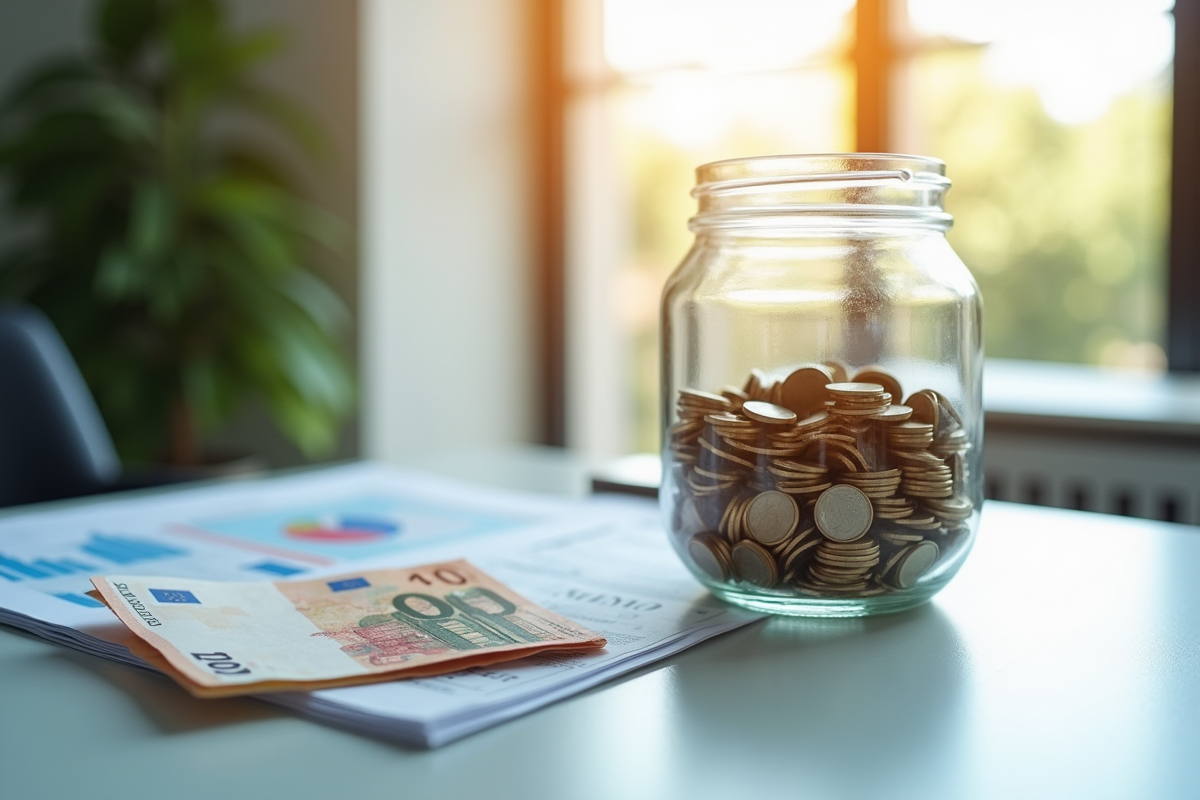 Portefeuille rempli de pièces et billets euros sur un bureau moderne