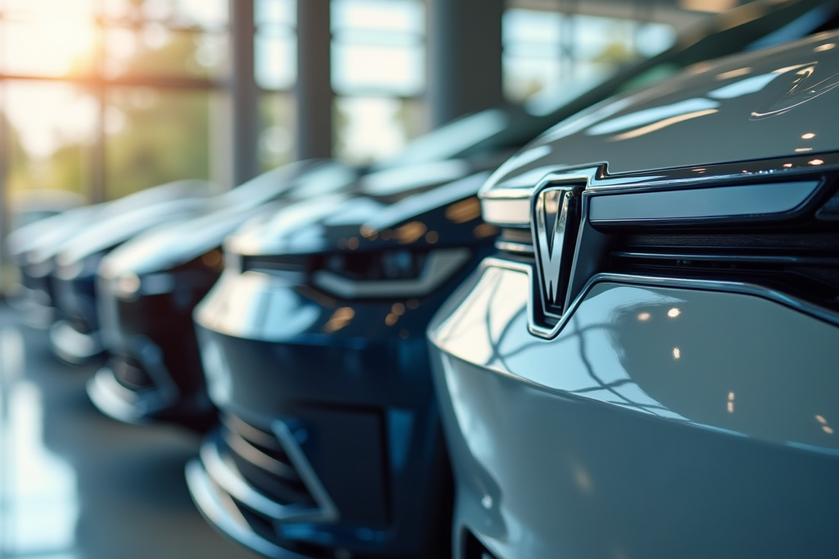 Détails des grilles et badges de voitures électriques en showroom lumineux