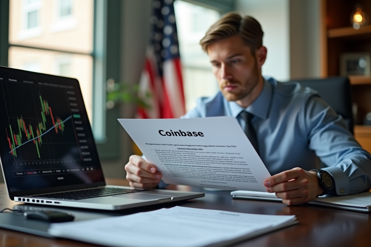 Professionnel d affaires tenant un document Coinbase avec formulaires