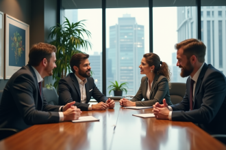 Quatre professionnels en réunion dans un bureau moderne