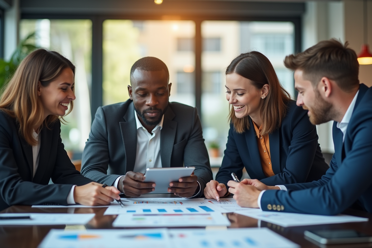 Professionnels en réunion discutant de graphiques financiers