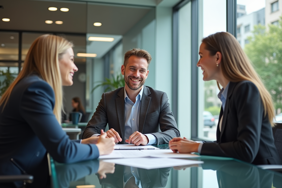 Couple souriant rencontrant un conseiller bancaire pour un prêt immobilier
