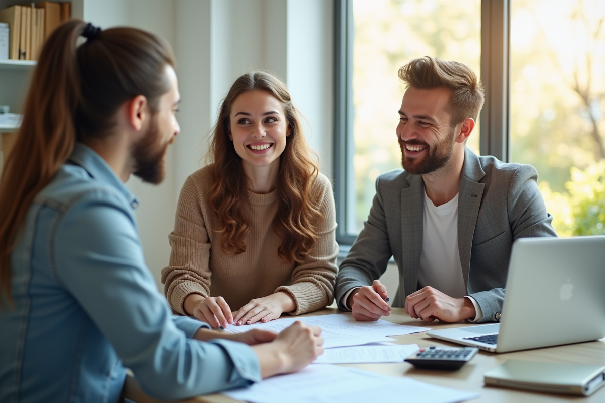 Jeune couple rencontrant un conseiller financier dans un bureau lumineux