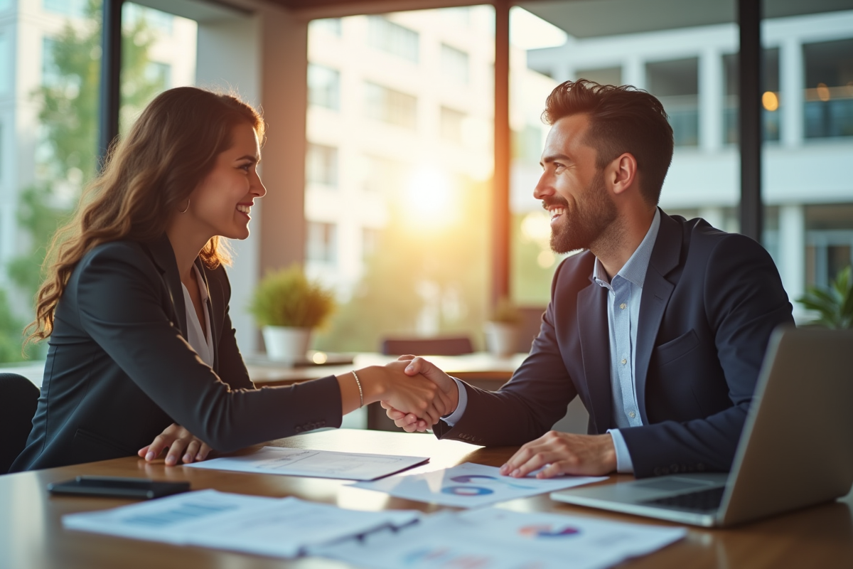 Deux professionnels souriants se serrent la main dans un bureau moderne