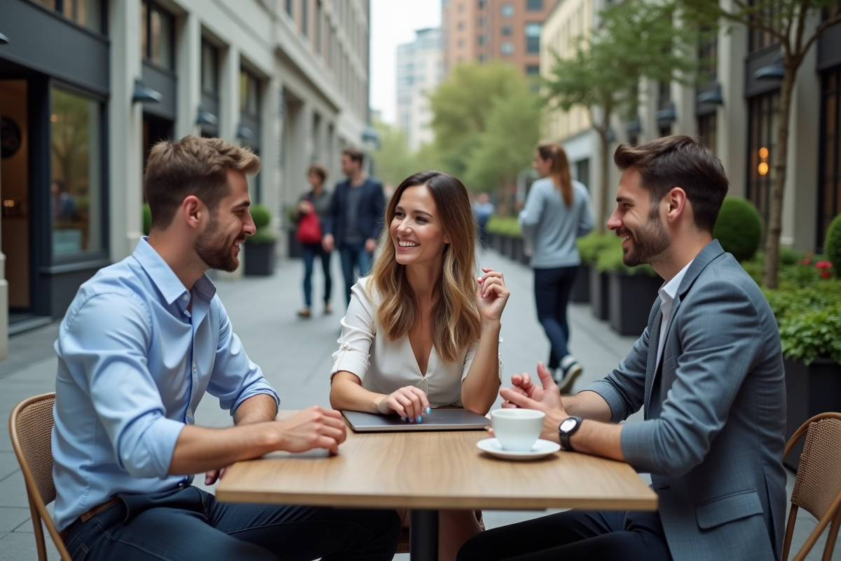 Groupe de professionnels discutant dans un café en plein air