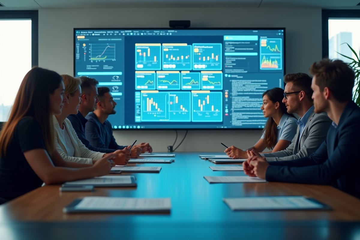 Réunion d'équipe dans un bureau moderne pour analyser des diagrammes
