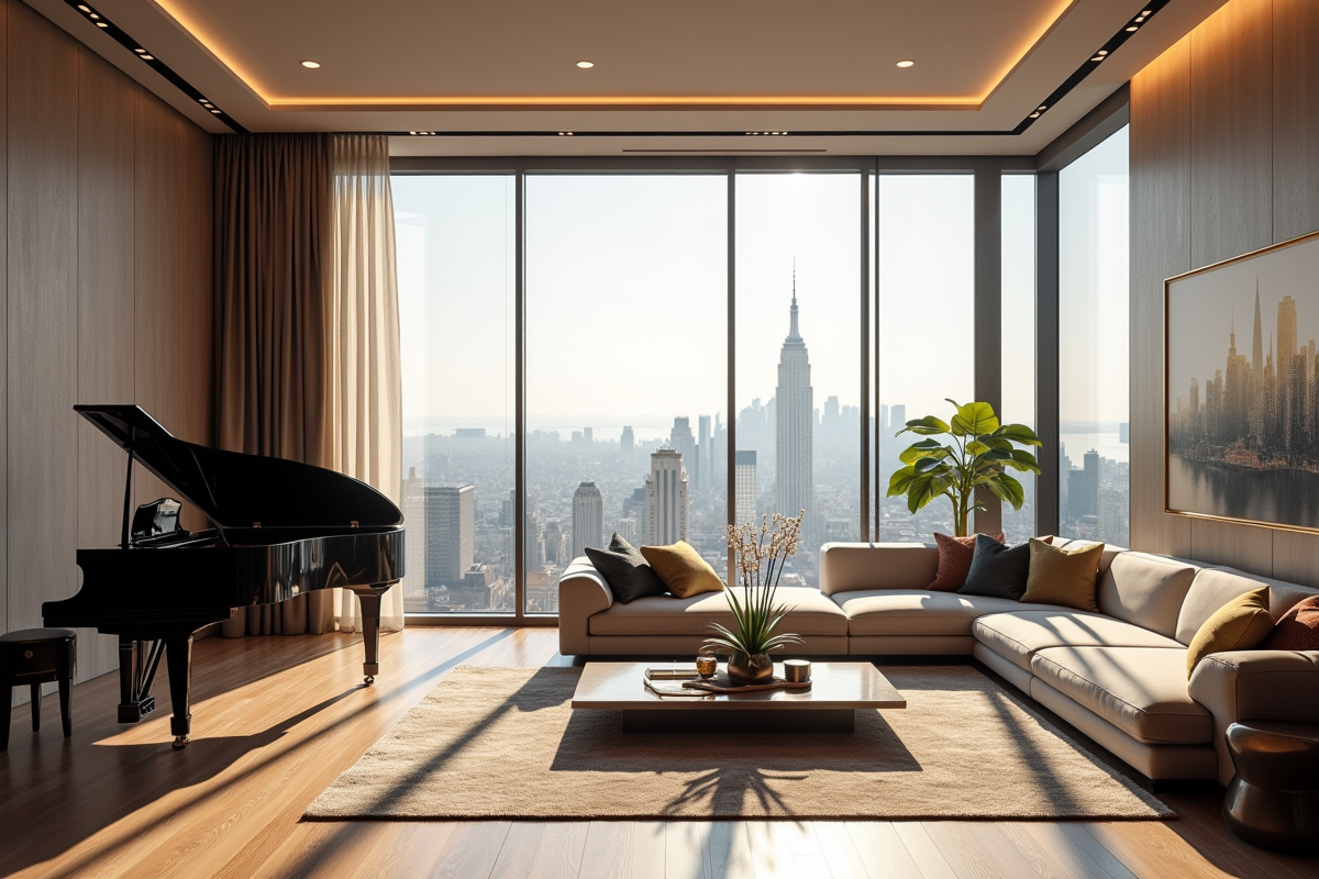 Salon moderne luxe avec vue sur la ville et décoration élégante