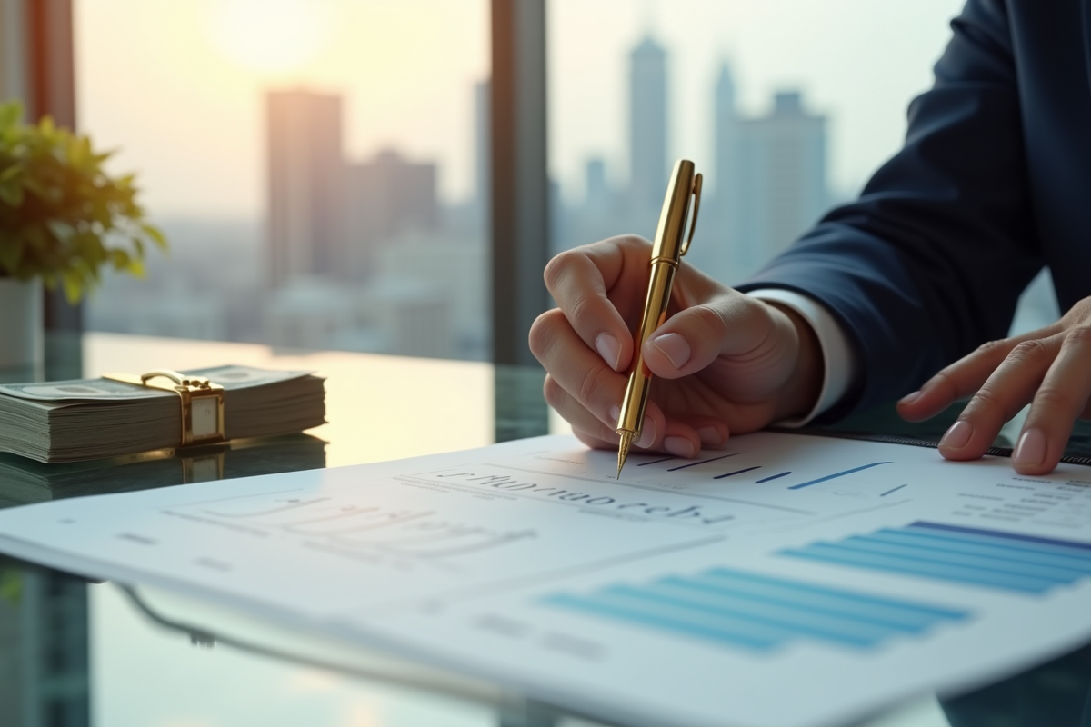 Main d’un professionnel signant des documents financiers avec des symboles de richesse