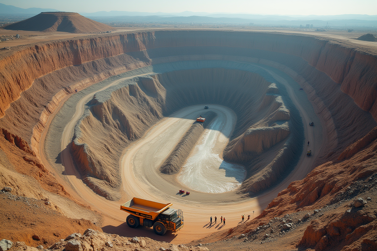 Vue aérienne d'un site d'extraction à ciel ouvert avec camions et terrasses