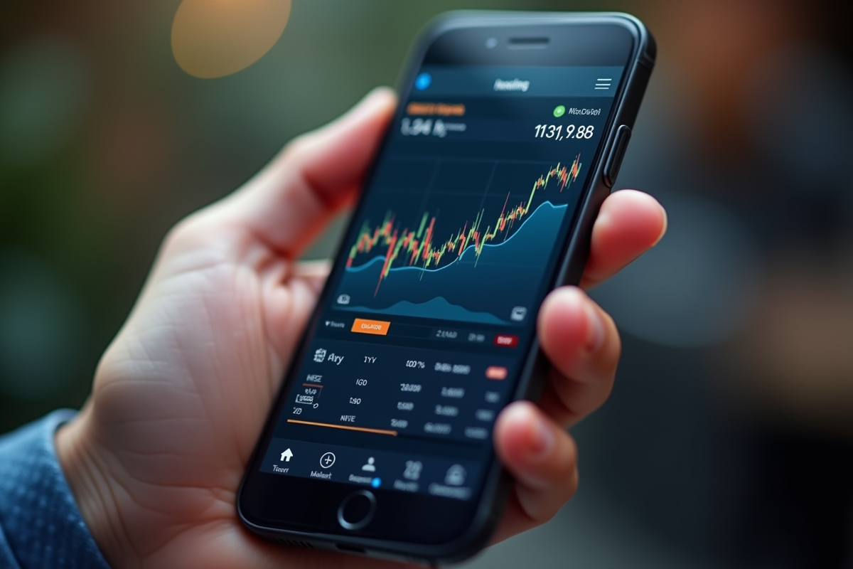 Main tenant un smartphone avec application de trading et performance S&P 500