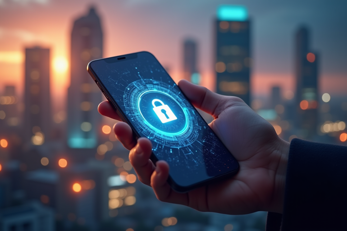 Main tenant smartphone avec application crypto et cadenas