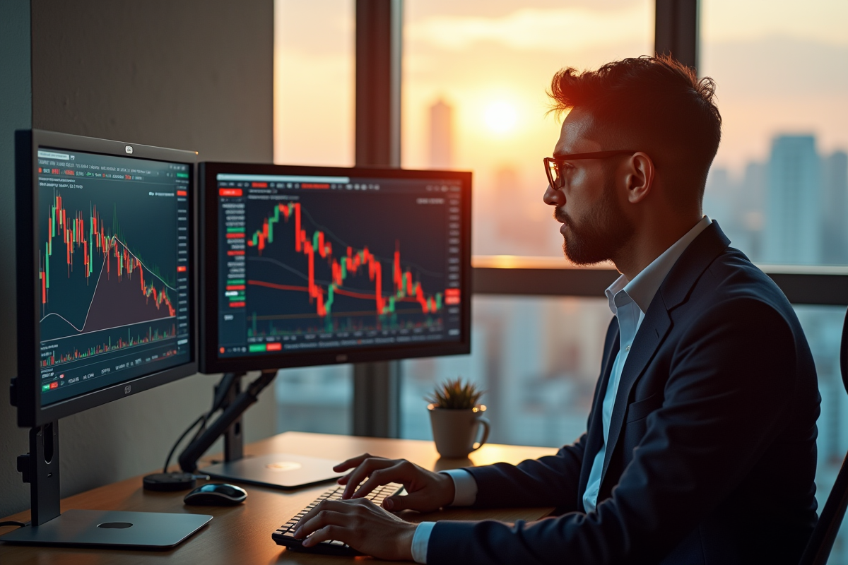 Trader professionnel analysant des écrans Bitcoin en hausse