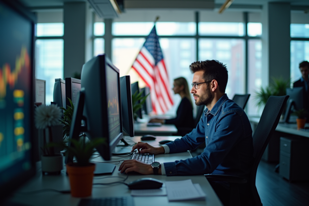 Trader occupé dans un bureau moderne vérifiant les horaires du marché américain