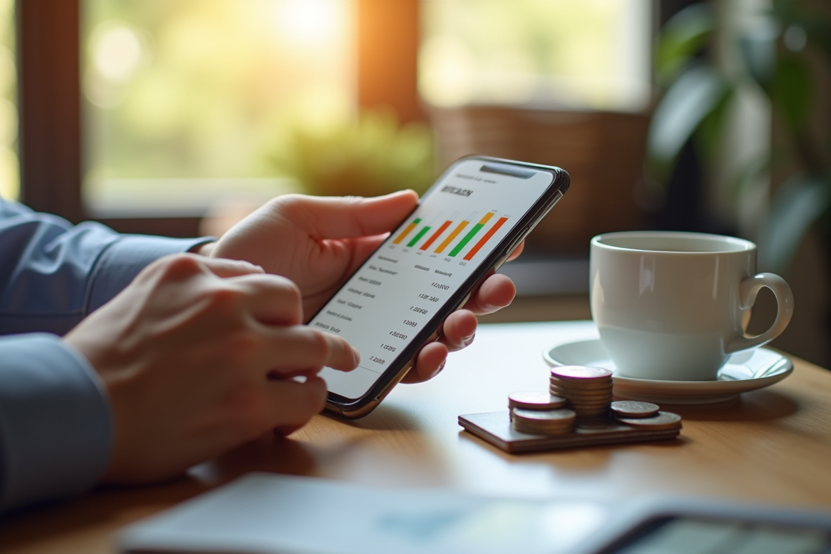 Mains utilisant une application de budget sur smartphone avec graphiques