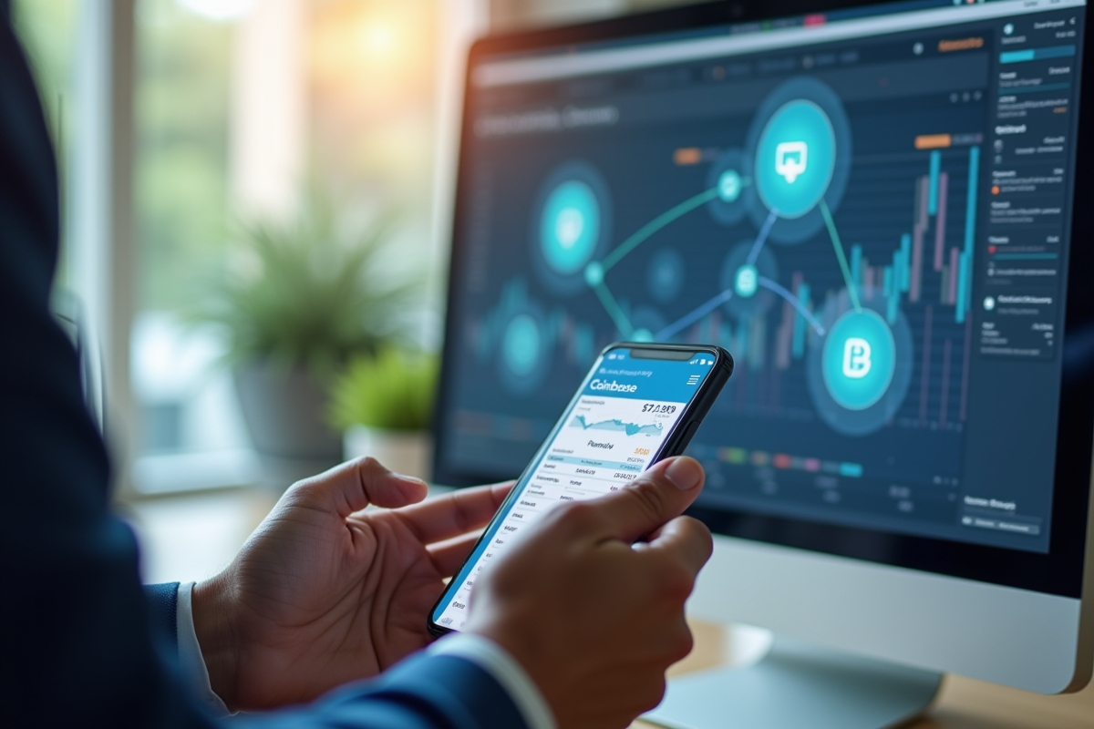 Mains utilisant un smartphone avec application Coinbase ouverte