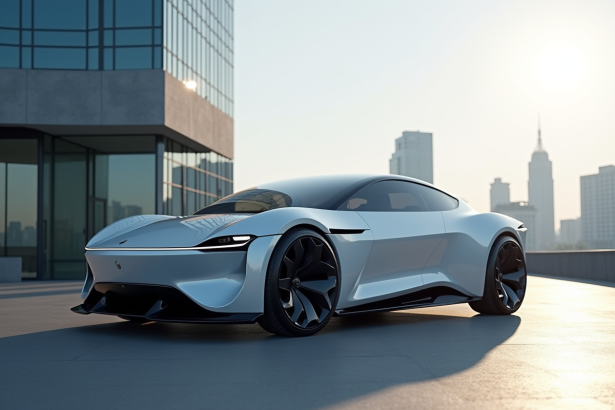 Voiture électrique futuriste devant un bâtiment moderne en ville