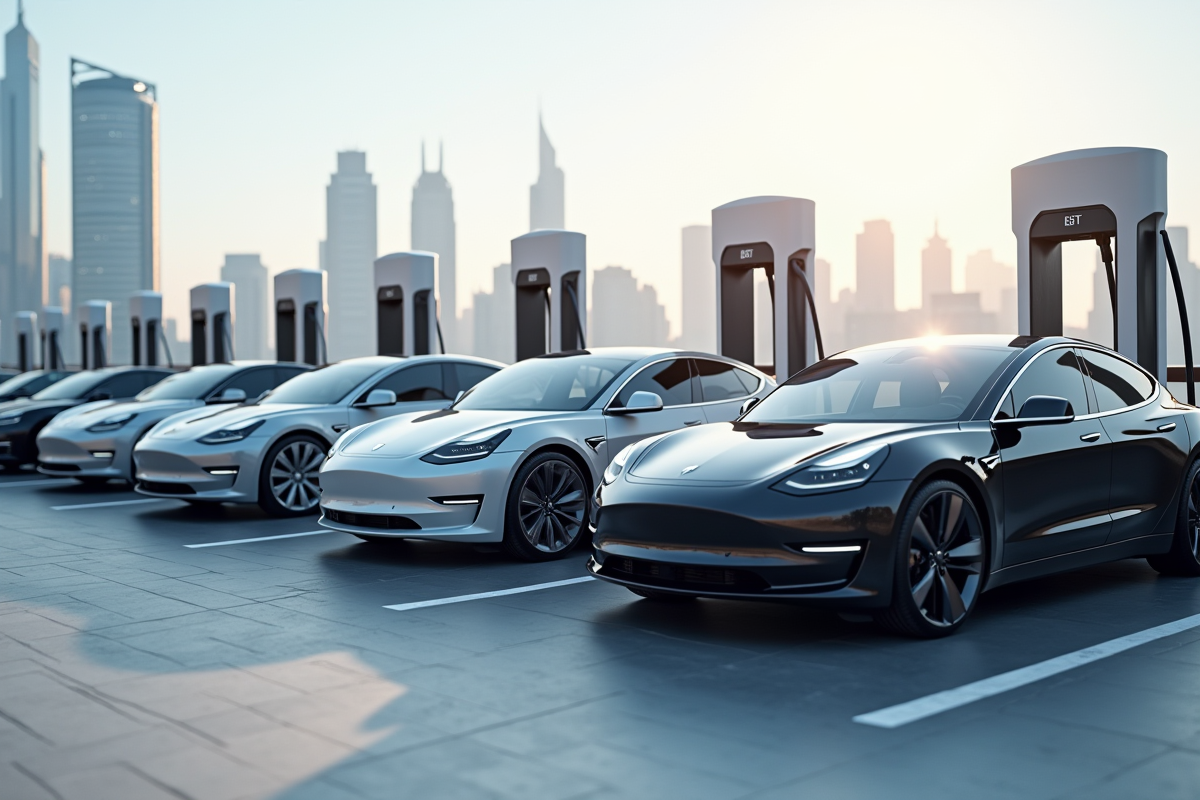 Plusieurs voitures électriques modernes garées devant une station de charge en ville