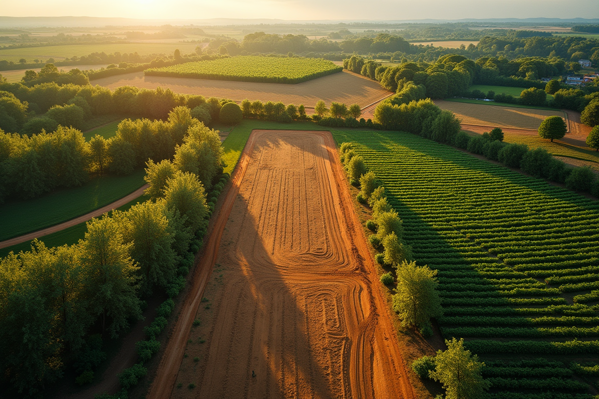 Vue drone sur un terrain en construction un vignoble et une foret